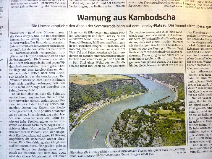 Zeitungsartikel in der Süddeutschen Zeitung über die Sommerrodelbahn auf der Loreley, die den Welterbe-Status gefährden könnte.